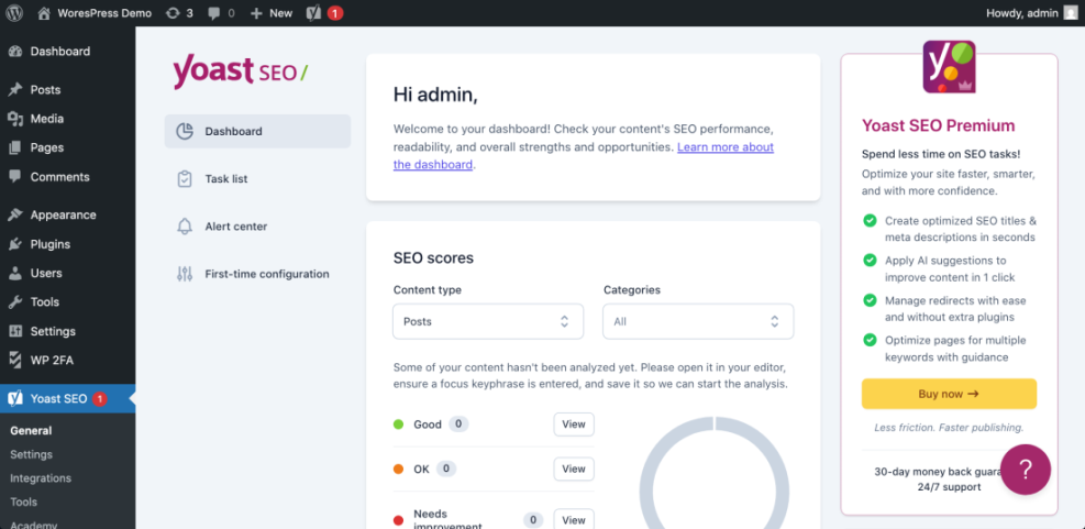 Yoast SEO dashboard in WordPress, an essential tool for beginners to manage SEO scores and content optimization within the admin panel.