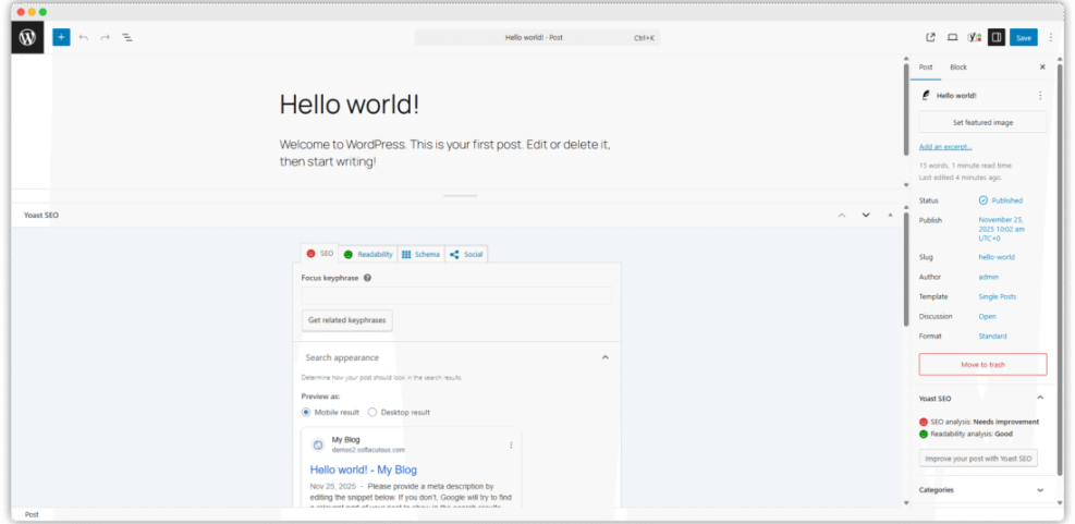 WordPress editor displaying Yoast SEO plugin settings, content analysis, and search result preview for an SEO setup guide.