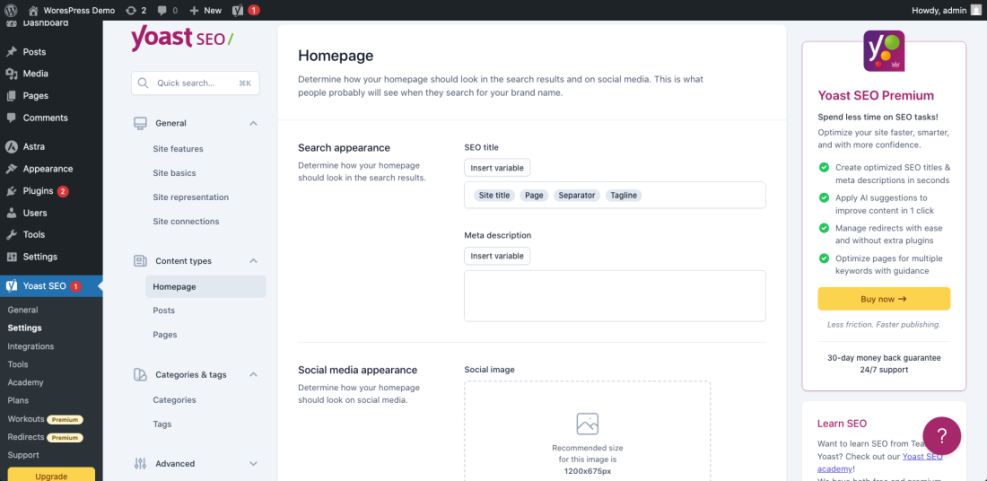 Yoast SEO settings in WordPress showing the homepage SEO title and meta description fields, crucial for fixing duplicate title tags.