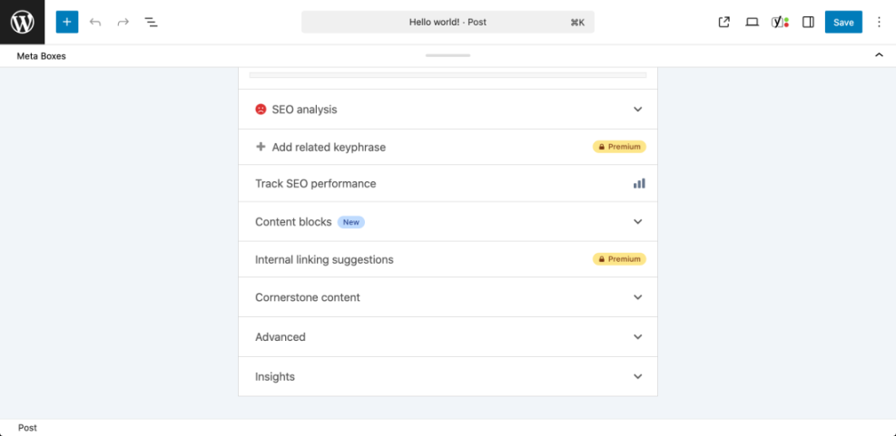 WordPress Yoast SEO meta boxes showing content analysis, keyphrase, content blocks, and internal linking features.