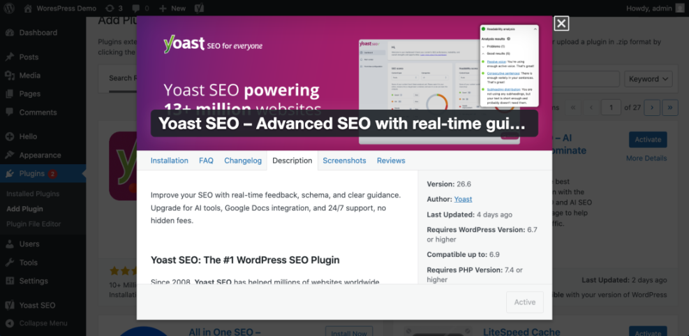 Yoast SEO plugin information popup in WordPress dashboard, detailing features, version, and compatibility for on-page SEO.