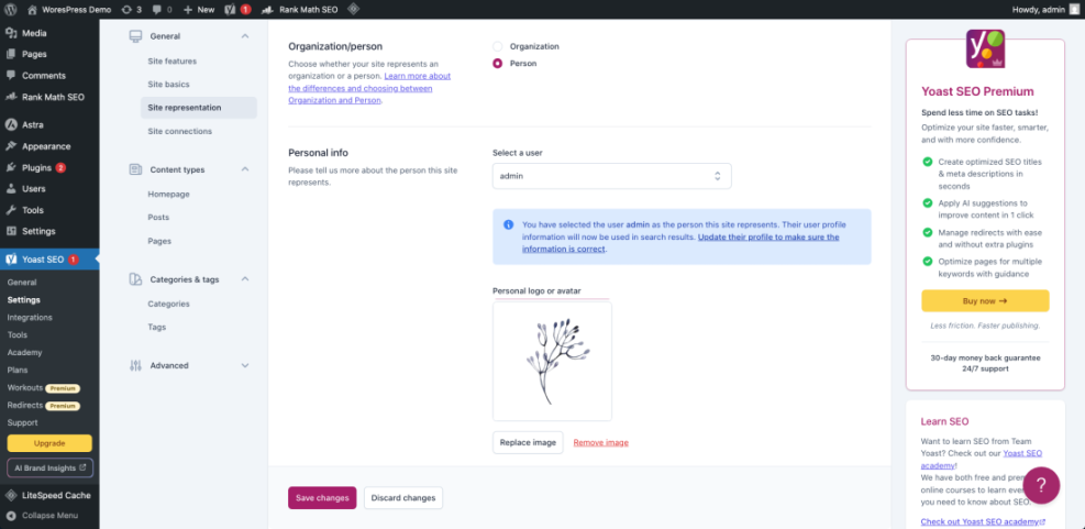 Yoast SEO plugin settings showing 'Site representation' section with 'Person' selected and admin user, crucial for schema identity setup.