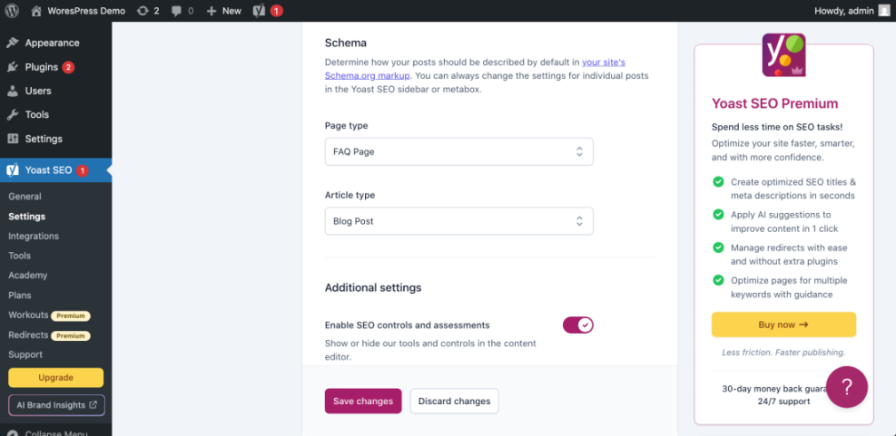 WordPress Yoast SEO Schema settings to learn how to SEO WordPress, showing FAQ Page and Blog Post defaults.