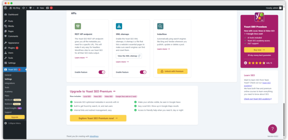 Yoast SEO plugin setup screen in WordPress, detailing API options like REST API, XML sitemaps, IndexNow, and premium features for advanced SEO optimization.