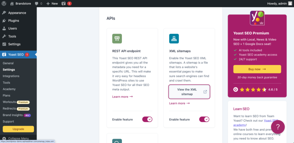 WordPress Yoast SEO settings page displaying the enabled XML sitemaps feature, crucial for improving Google ranking.