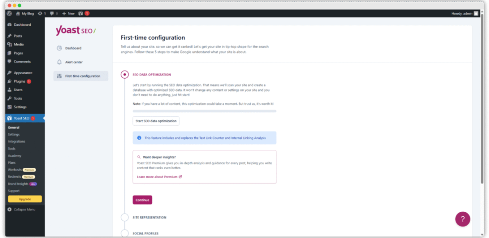 Yoast SEO first-time configuration screen on a WordPress dashboard, prompting for SEO data optimization setup.
