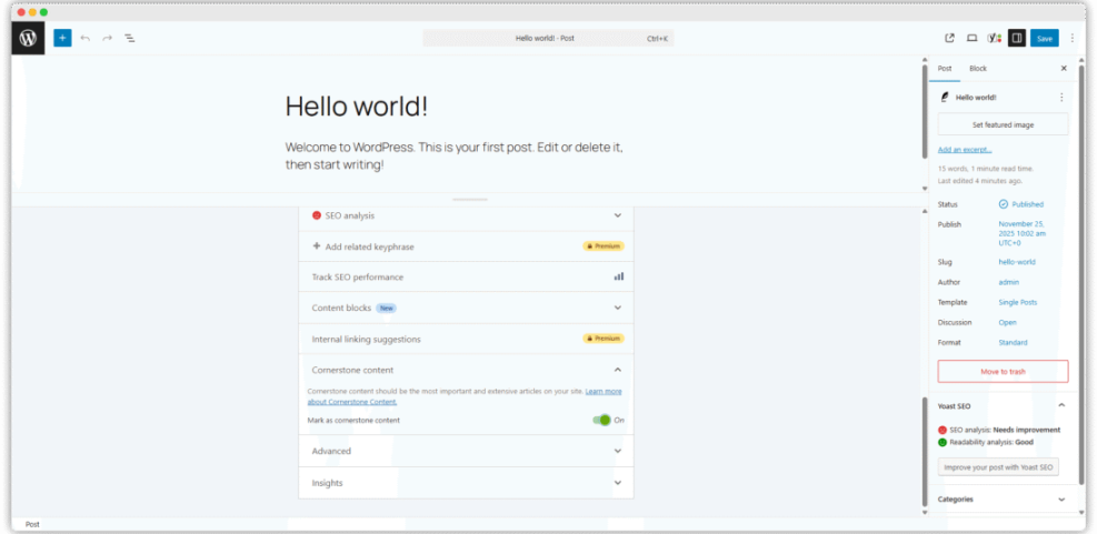 WordPress Gutenberg editor displaying Yoast SEO content analysis for a post, showing 'Needs improvement' and cornerstone content settings for SEO plugin setup.
