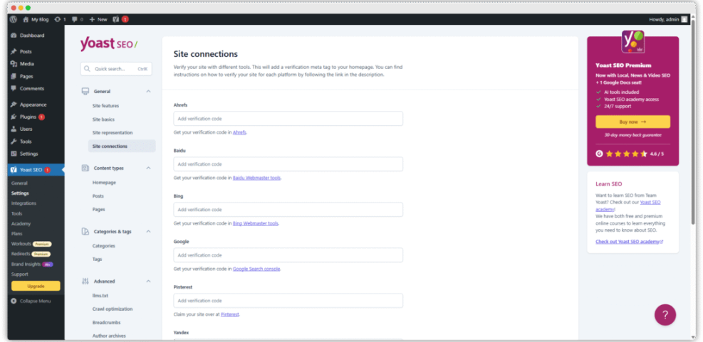 Yoast SEO Site Connections settings in WordPress, displaying fields for verification codes from Google, Bing, Ahrefs, Baidu, Pinterest, and Yandex webmaster tools.