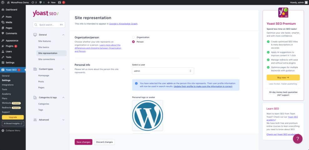 WordPress Yoast SEO site representation settings for defining your site as a person or organization, crucial for schema markup and how to SEO WordPress.