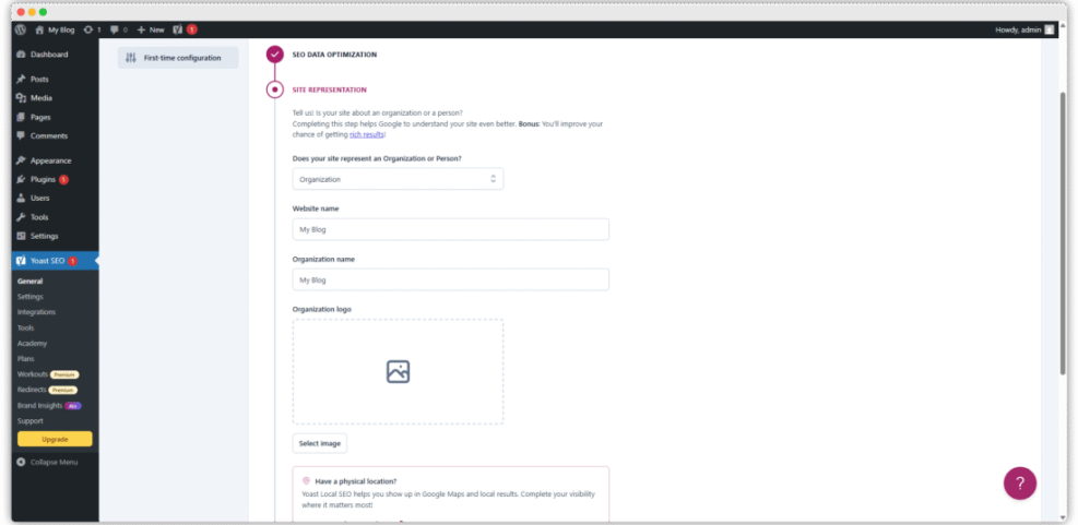 Yoast SEO first-time configuration wizard displaying the 'Site Representation' settings for an organization on a WordPress dashboard.