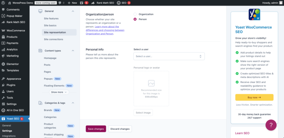Yoast SEO WordPress settings for site representation, demonstrating how to select 'Person' for schema markup configuration.