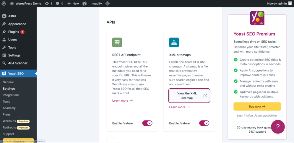 Yoast SEO settings for WordPress sitemaps, showing how to enable and view your XML sitemap for improved SEO.