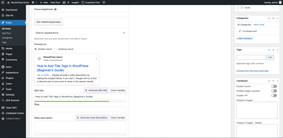 WordPress post editor with Yoast SEO plugin, showing SEO title, meta description, and mobile search result preview for 'How to Add Title Tags'.