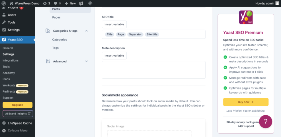 Yoast SEO plugin settings in WordPress showing fields for SEO title, meta description, and social media appearance for optimizing blog posts.