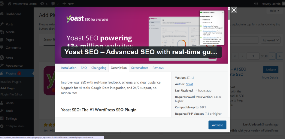 WordPress admin screen displaying Yoast SEO plugin details popup with installation information and features, a top free SEO plugin for bloggers.