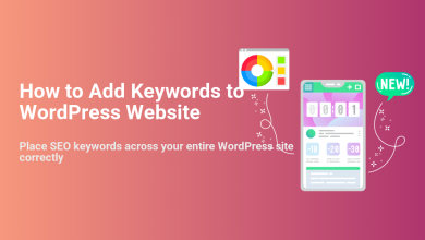 Guide on how to add SEO keywords to WordPress, with analytics chart and mobile dashboard icons for website optimization.