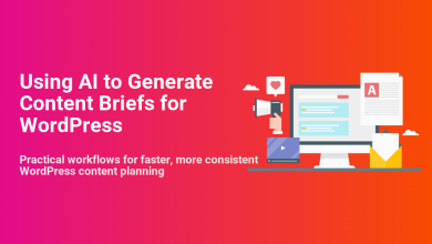 Illustration showing AI generating content briefs for WordPress for faster, more consistent content planning with a computer, documents, and megaphone.
