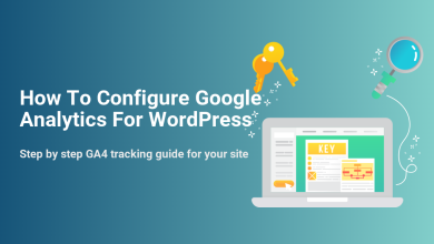 Configure Google Analytics for WordPress: laptop with data, keys, and magnifying glass for GA4 tracking setup.