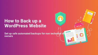 Illustration showing a shield, open book with data, and notebook, symbolizing safe, automated WordPress website backups for easy recovery.