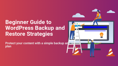 Illustration of workers performing maintenance on a website shown on a large monitor, symbolizing WordPress backup and restore strategies for site protection.