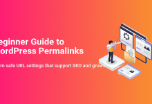 Beginner's guide to WordPress permalinks: a person configuring URL settings on screens showing gears and documents, optimizing for SEO and growth.