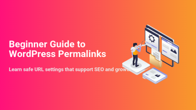 Beginner's guide to WordPress permalinks: a person configuring URL settings on screens showing gears and documents, optimizing for SEO and growth.