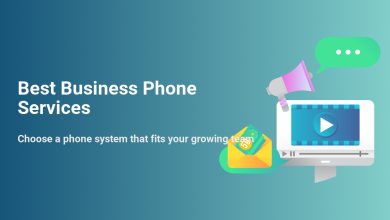 Best Business Phone Services illustration with key communication icons: megaphone, chat, video, and money, for growing teams.