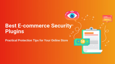 Illustration for best e-commerce security plugins, featuring an eye, money, and documents, symbolizing online store protection and secure transactions.