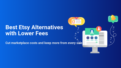 Banner: 'Best Etsy Alternatives with Lower Fees,' with a computer showing e-commerce features, symbolizing lower costs for sellers.