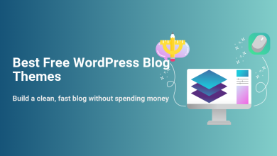 Illustration for 'Best Free WordPress Blog Themes' featuring a computer with design layers, a pencil, and a mouse, symbolizing building a clean, fast blog easily.