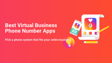 Graphic for Best Virtual Business Phone Number Apps, showing a smartphone, design tools, and a lightbulb for online business.