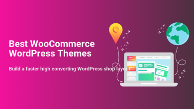 Illustration: Laptop displaying web page layouts, connected to a location pin and globe, with text 'Best WooCommerce WordPress Themes'