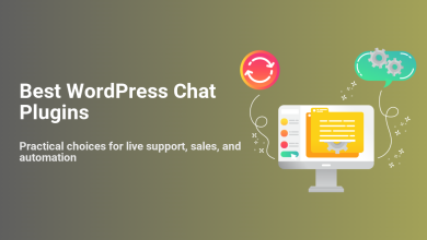 Illustration featuring a monitor, chat bubble, and refresh icon alongside the text 'Best WordPress Chat Plugins' for live support.