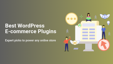 Best WordPress E-commerce Plugins title. Illustration of online store management with people, a computer, and various e-commerce icons.