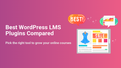 Illustration comparing the best WordPress LMS plugins, showing a tablet with an online store sale, growth charts, and 'BEST!' text.