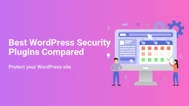 Illustration of two people comparing WordPress security plugins on a large computer screen with a calendar, gears, and a checkmark.