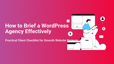 Illustration: person on tablet reviewing website wireframes with icons (user, social, email), representing an effective brief for a WordPress agency.