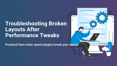 A developer troubleshoots broken layouts on a computer after performance tweaks, with code lines and gears on screen, symbolizing fixes for website design issues.