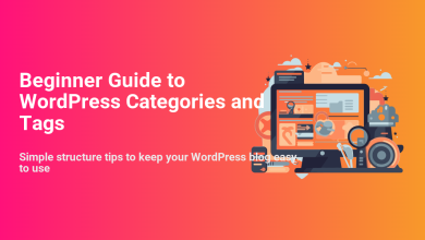 Illustration for a beginner guide to WordPress categories and tags, showing a computer screen with content organization icons.