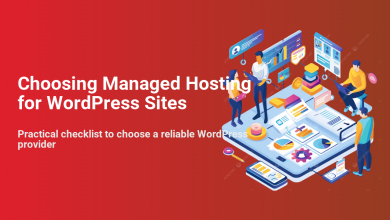 Managed Hosting for WordPress Sites graphic, showing a team optimizing website performance, data, and security with a checklist.