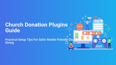 Illustration for Church Donation Plugins Guide, showing digital interactions for secure, mobile-friendly online giving via computer and mobile devices.