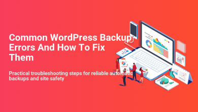 Common WordPress backup errors and how to fix them, illustrated with people managing website data on a laptop and documents for site safety.