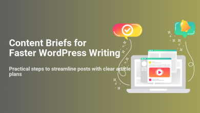 Laptop showing content briefs for WordPress writing, with checkmark & bell icons for faster, streamlined post publishing.