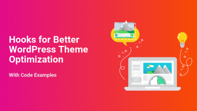 WordPress theme optimization using developer hooks for better speed and performance, illustrated with code examples and a laptop displaying website metrics.