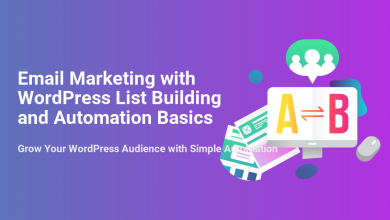 Email marketing illustration for WordPress with list building, automation, A/B testing on a monitor, and an audience icon for audience growth.