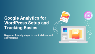Illustration: Laptop displaying analytics data, reports, and a target icon, representing Google Analytics setup for WordPress to track visitors and conversions.