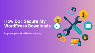 Illustration on how to secure WordPress downloads, featuring tools, a lock, and digital devices, emphasizing improved WordPress security.