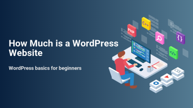 Developer coding a WordPress website on a desktop, surrounded by PHP, C++, CSS icons and various website components, reflecting development costs.