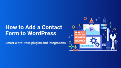 Illustration of people working on laptops with code, media, and tools, symbolizing how to add a contact form to WordPress using plugins and integrations.