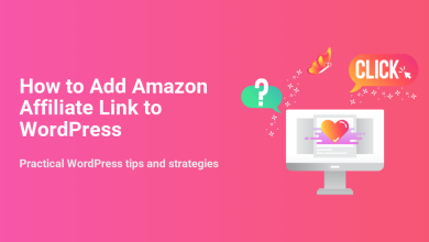 Illustration showing how to add Amazon affiliate links to WordPress, with a computer, question mark, click bubble, and relevant text.